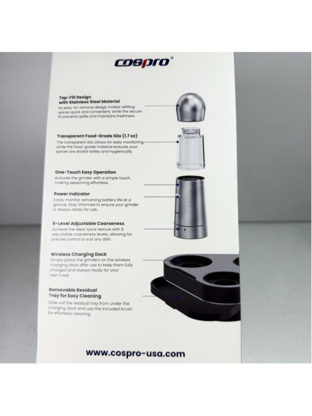 COSPRO Electric Salt & Pepper Grinder Set (3) Adjustable Coarseness NIB - Picture 3 of 5